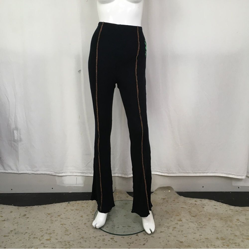 Playboy by PacSun Y2K Front Contrast Stitch Ribbed Flare Leggings Pants Black L - Picture 4 of 10
